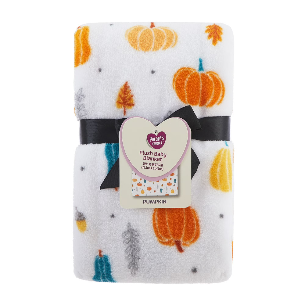 PARENT'S CHOICE fleece blanket white/gray/orange PUMPKIN motif 30"x36"